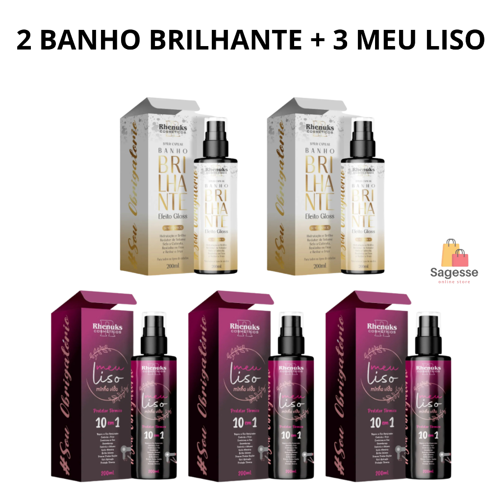 Kit com 2 Banho Brilhante + 3 Meu Liso Minha Vida 200ml Spray Rhenuks em Oferta na Shopee
