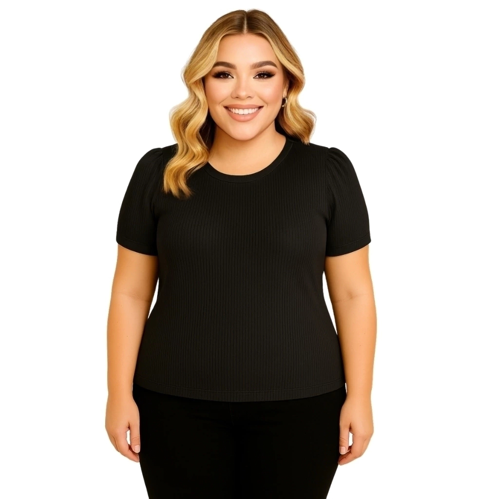 Blusa Plus Size Princesa Bufante Canelada Manga Curta em Oferta na Shopee