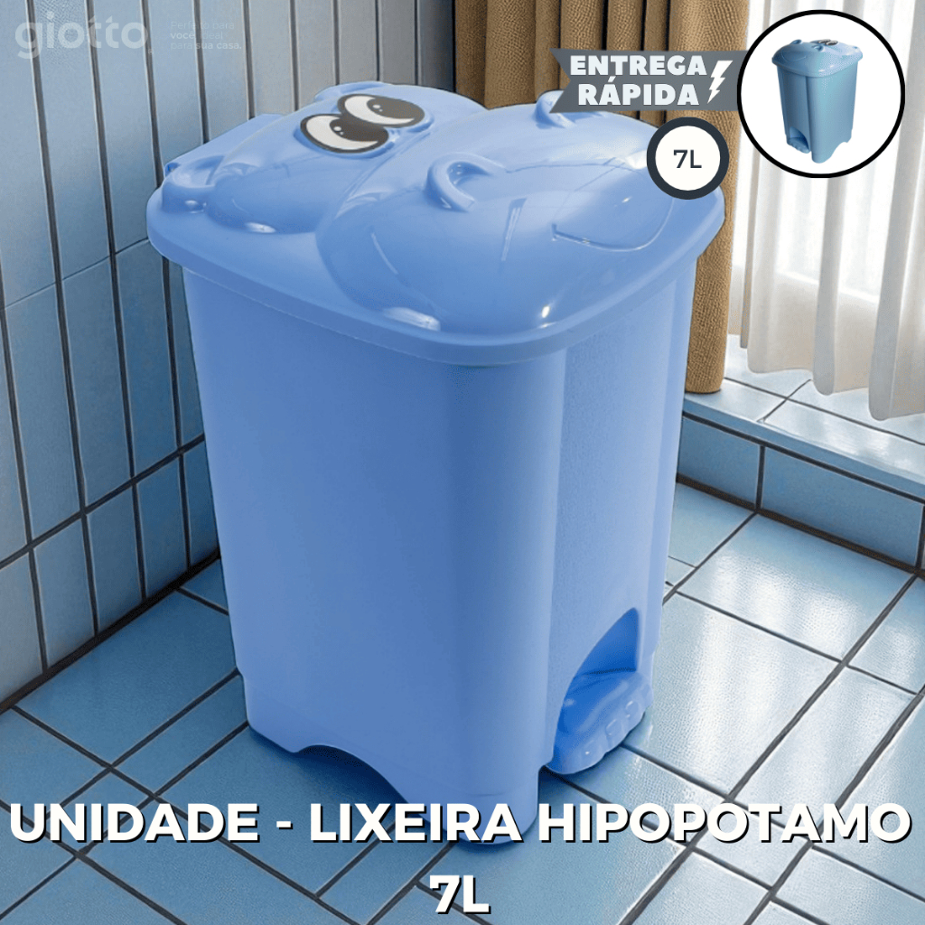 Lixeira Infantil Hipopotamo Azul 7L Com Pedal Fofinho Meninos Masculino desenho Quarto Organização