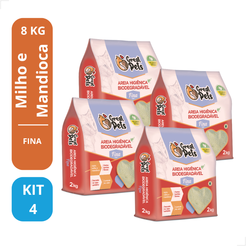 KIT 4 Areias Para Gatos Biodegradavel Mandioca Milho Fina Grossa 8kg - Great Pets em Oferta na Shopee