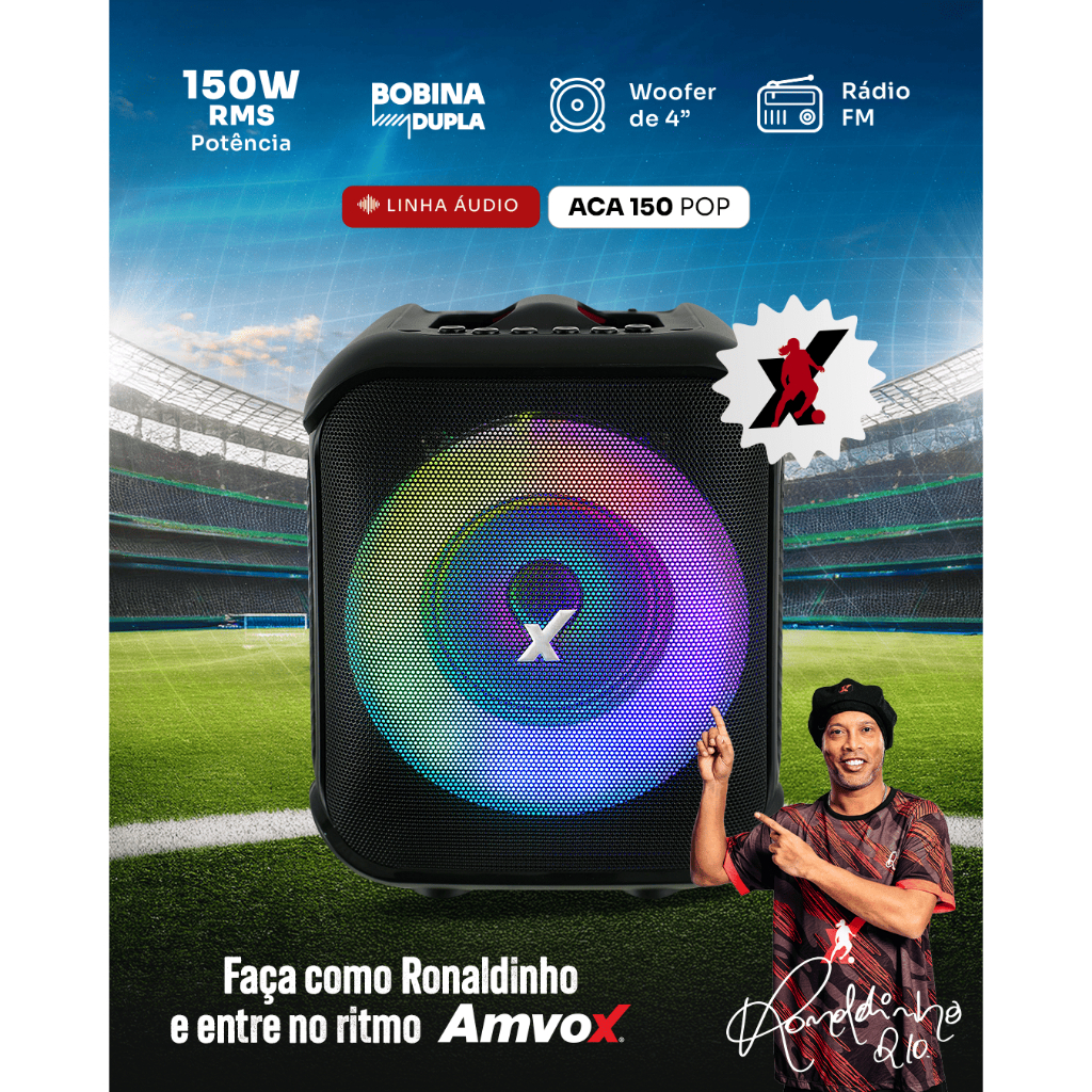 Caixa de Som Amplificada ACA 150 POP Amvox 150W  Rádio FM MicroSD Bivolt Bluetooth - detalhe