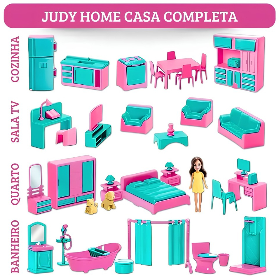 Casa Completa Da Judy Home Kit Quarto Banheiro Sala Cozinha Com Boneca - Samba Toys - em Oferta na Shopee