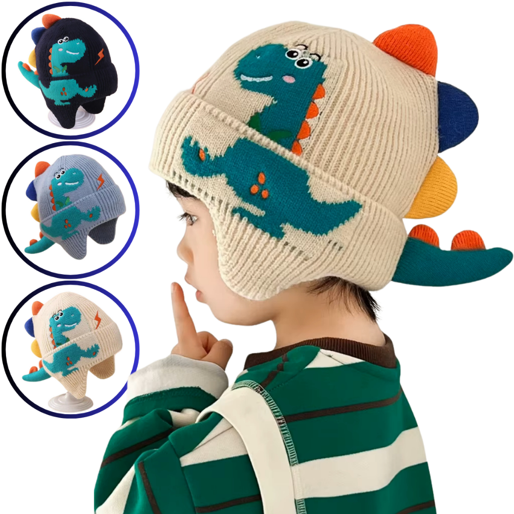 Touca Gorro Infantil Inverno Forrada Dinossauro com Protetor de Orelha