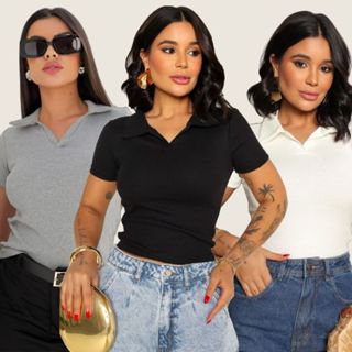 Kit 3 Blusa Feminina Gola Polo Básica Ribana Canelada Algodão em Oferta na Shopee