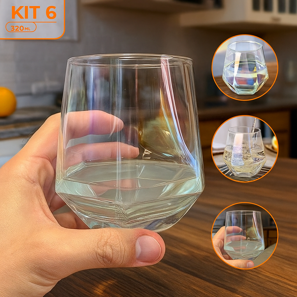 Jogo 06 Copos Diamond Furtacor De Vidro Agua Drink Suco 320ml