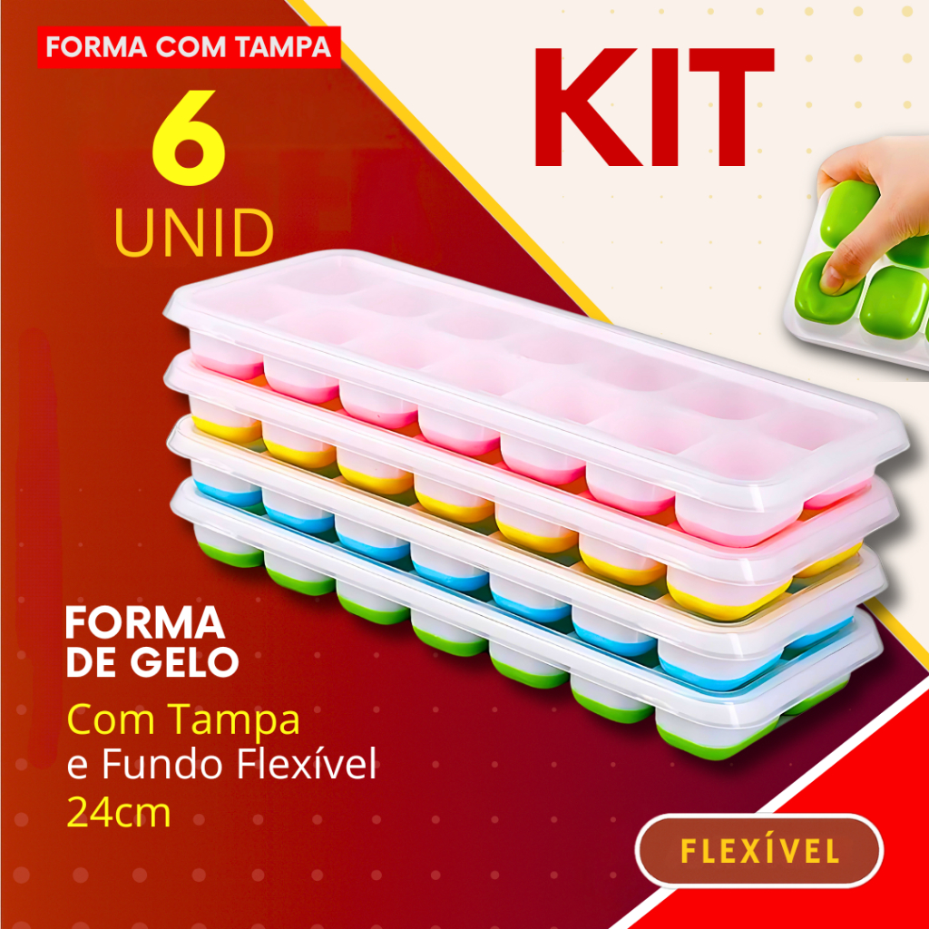 Kit 6 - Forma de Gelo Com Tampa Higiênica e Fundo Flexível de Silicone Desenforme com Facilidade