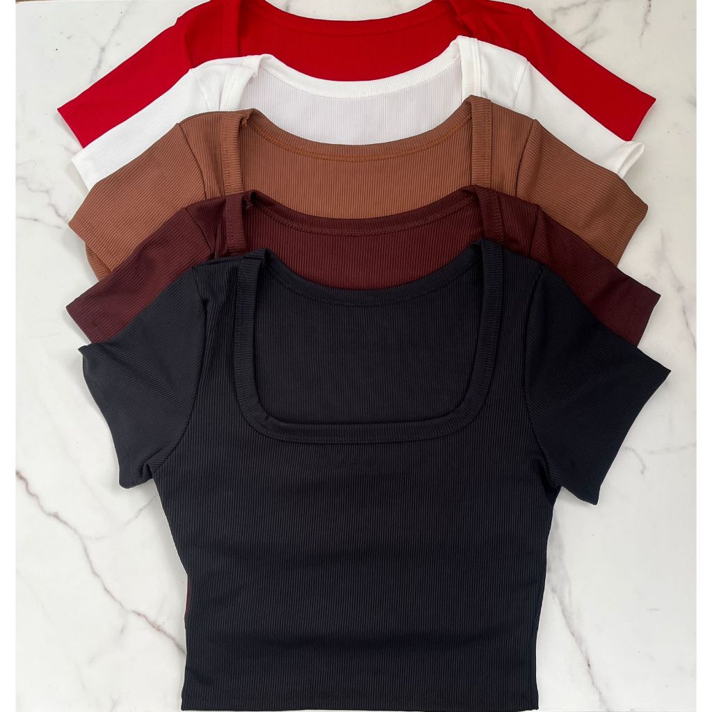 Blusa Cropped Feminino Manga Curta Decote Quadrado em Oferta na Shopee