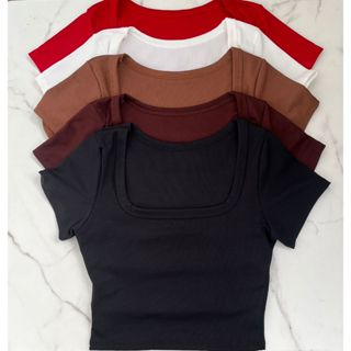 Blusa Cropped Feminino Manga Curta Decote Quadrado em Oferta na Shopee