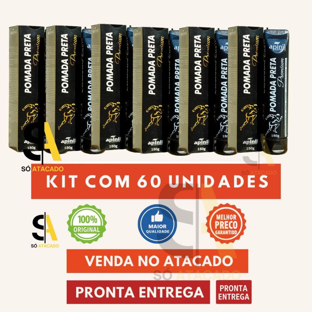 🔥KIT 60 UND Pomada Preta Premium Apinil 150g – Original | Atacado Revenda | Com Nota Fiscal.