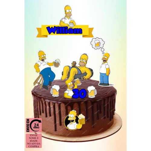 Topo de Bolo Personalizado Homer Simpson só Pensa em Cerveja - ENVIAR NOME E IDADE NA HORA DA COMPRA