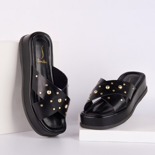 Tamanco Plataforma Feminino Cravos Dourados e Tiras Cruzadas Leve Conforto Tendência Moda