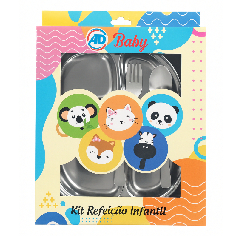Kit Alimentação Infantil Inox 4 Peças | Prato Colher Garfo Faca | Prato Com Divisória e Talheres para Bebê