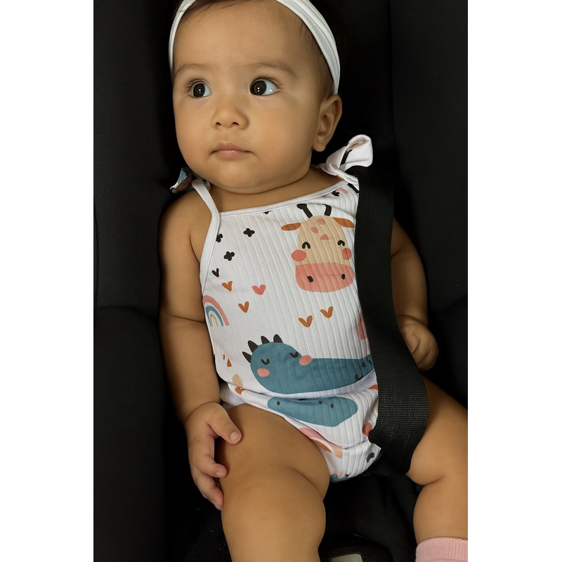 Conjunto body canelado de alça verão com tapa fralda animais jacaré e elefante colorido em Oferta na Shopee