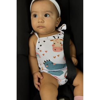 Conjunto body canelado de alça verão com tapa fralda animais jacaré e elefante colorido em Oferta na Shopee