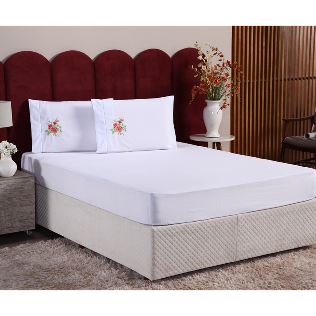 Jogo Lençol de Cama casal padrão 3pc 400 fios cama box Elástico ponto palito e bordado na fronha