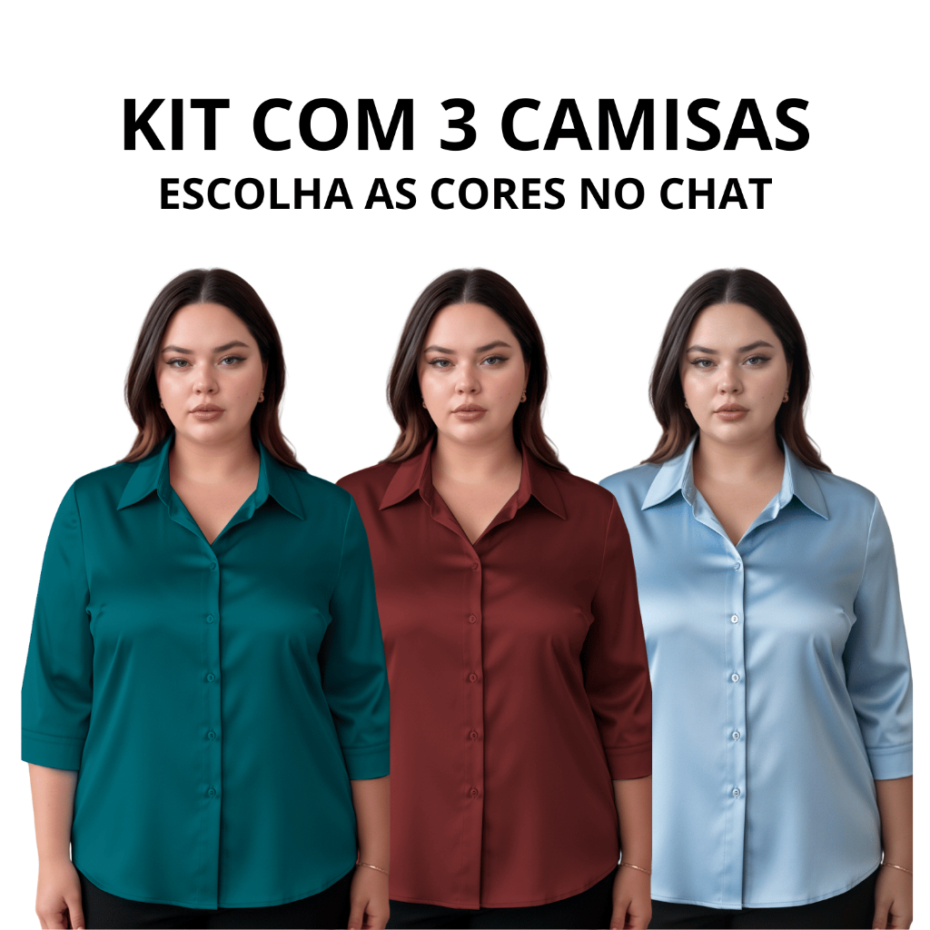 Kit 3 Camisa Social Feminina Plus Size Manga 3/4 Camisa Feminina Social Extra Grande De Microleve Com Elastano