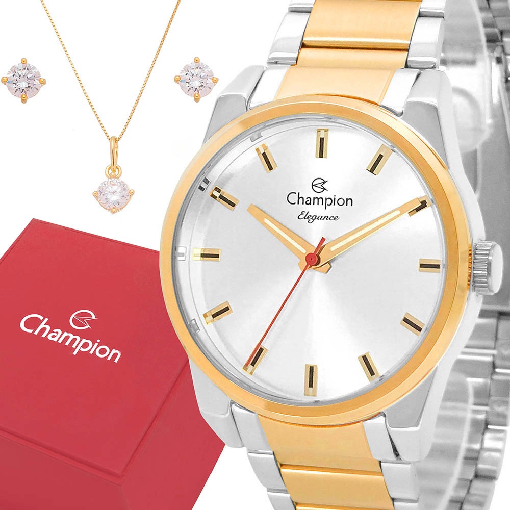 Relógio Champion Feminino Dourado Prova d'água com 1 ano de garantia e colar e brincos em Oferta na Shopee