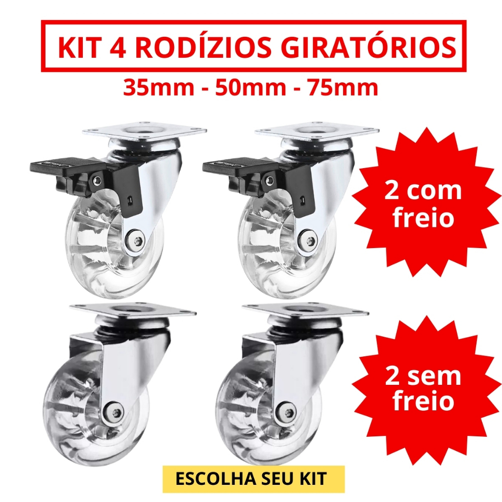 Kit 4 Rodizio Giratório Gel Rodinha Silicone 2 Com Trava 2 Sem Trava - 35mm 50mm