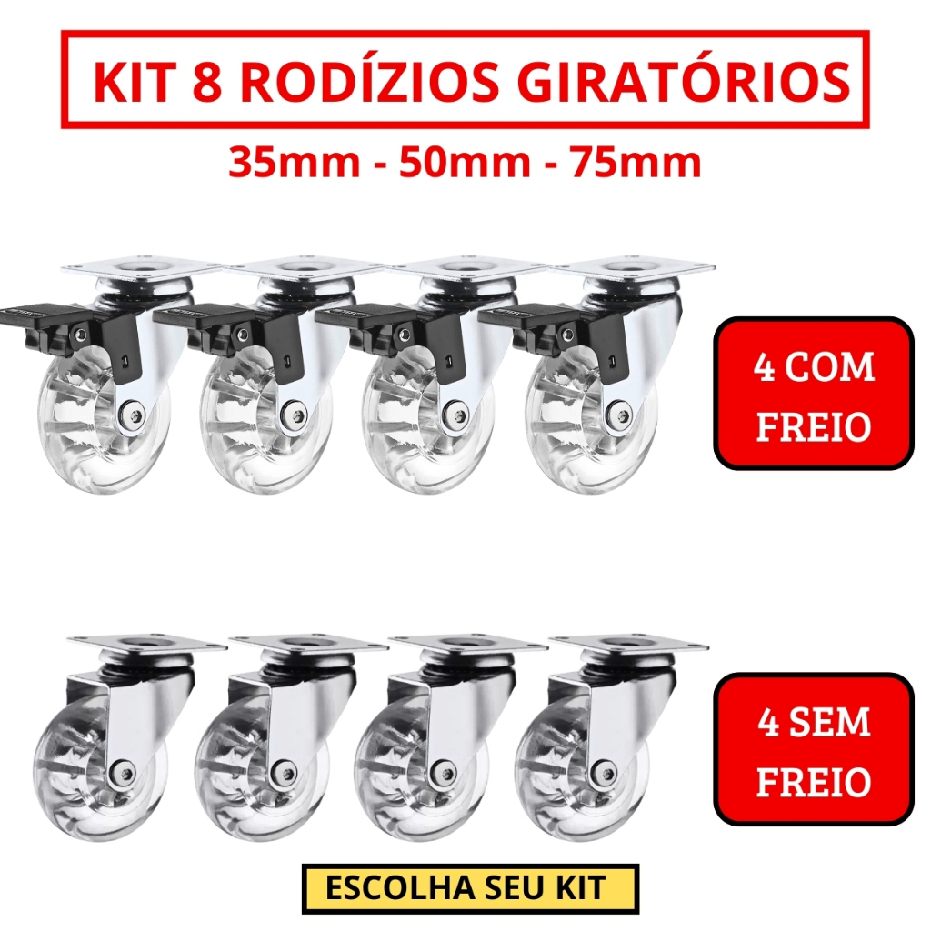 Kit 8 Rodizio Giratório Gel Rodinha Silicone 4 Com Trava 4 Sem Trava - 35mm 50mm 75mm