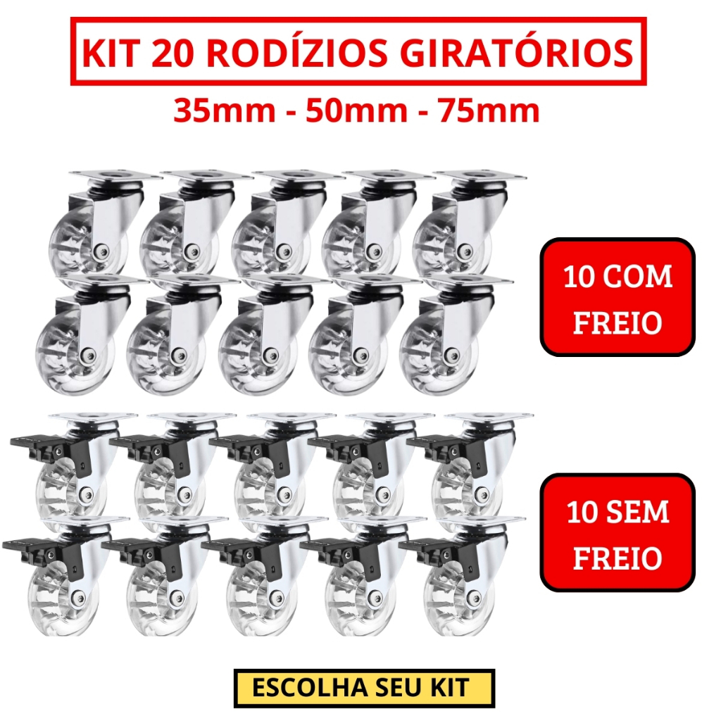 Kit 20 Rodizio Giratório Gel Rodinha Silicone 10 Com Trava 10 Sem Trava - 35mm 50mm 75mm em Oferta na Shopee