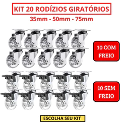 Kit 20 Rodizio Giratório Gel Rodinha Silicone 10 Com Trava 10 Sem Trava - 35mm 50mm 75mm