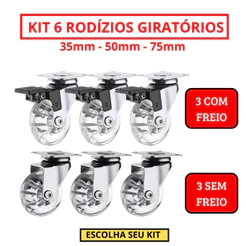 Kit 6 Rodizio Giratório Gel Rodinha Silicone 3 Com Trava 3 Sem Trava - 35mm 50mm 75mm