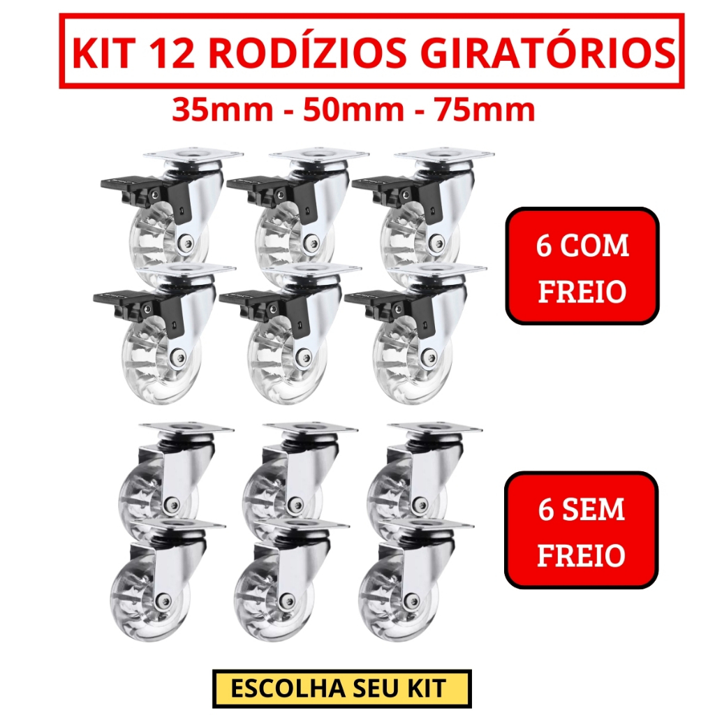 Kit 12 Rodizio Giratório Gel Rodinha Silicone 6 Com Trava 6 Sem Trava - 35mm 50mm 75mm em Oferta na Shopee