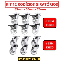 Kit 12 Rodizio Giratório Gel Rodinha Silicone 6 Com Trava 6 Sem Trava - 35mm 50mm 75mm