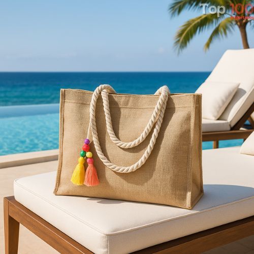 Bolsa de Praia em Juta com Bolinhas Coloridas Elegante Grande Espaçosa com Zíper / KD-26