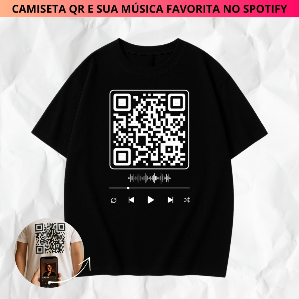 Camiseta Qr Code Spotify Escolha Sua Música Favorita Blusa Inteligente e Divertida Tshirt Unissex