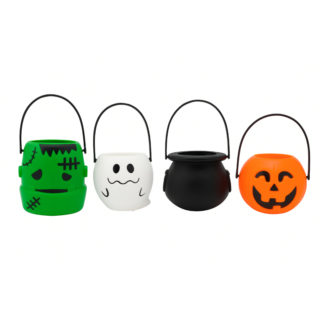Mini Baldinhos de Halloween Decorativos – Abóbora, Fantasma, Caldeirão e Monstro Kit Balde Doces