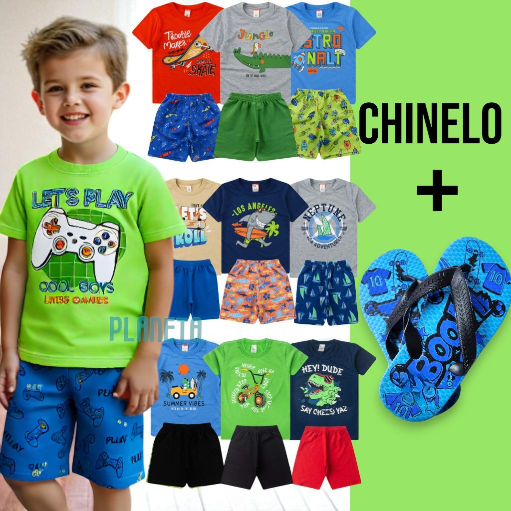 Kit 10 Peças + Chinelo Infantil Juvenil Roupa Menino Masculino Tamanhos 1 a 16