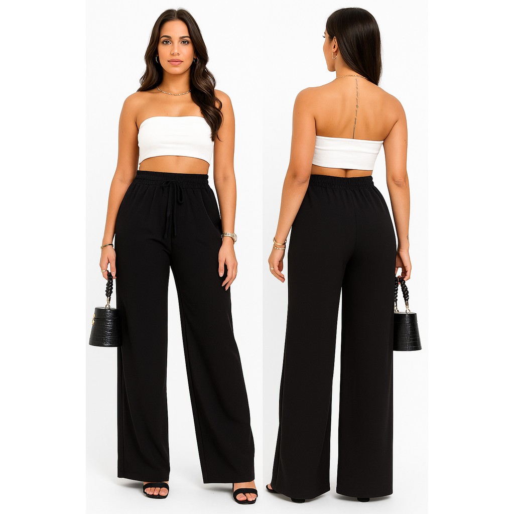Calça Pantalona Duna Cintura Alta Com Bolso Feminina Casual Social