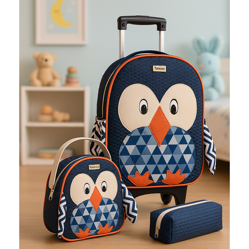 Kit Mochila De Carrinho Infantil Bichinho G Com Lancheira Escolar Pinguim