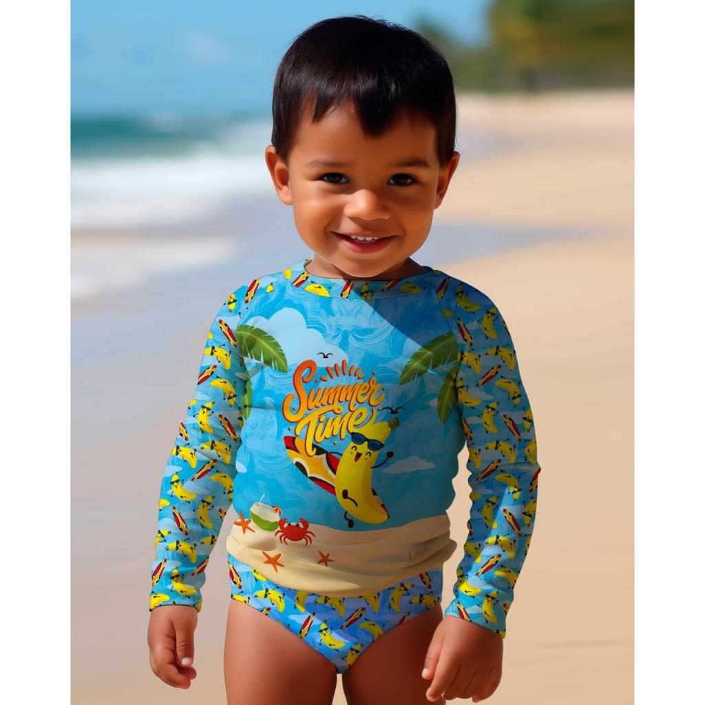 Conjunto Infantil Masculino menino   UV+50 Camisa longa e Sunga boxer  Proteção Solar Roupa de Praia e Banho