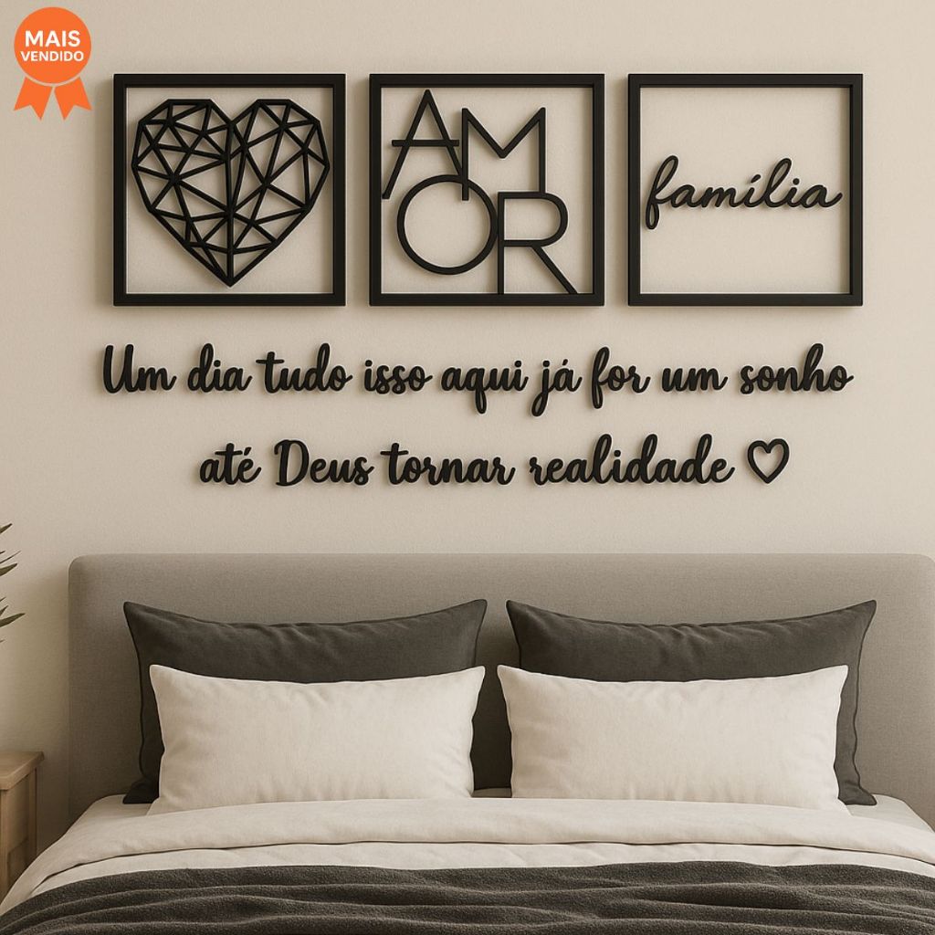 Kit 3 Quadros Cabeceira Família Coração Geométrico Amor + Frase de Parede Variados Sala + 2 Mini aplique coração
