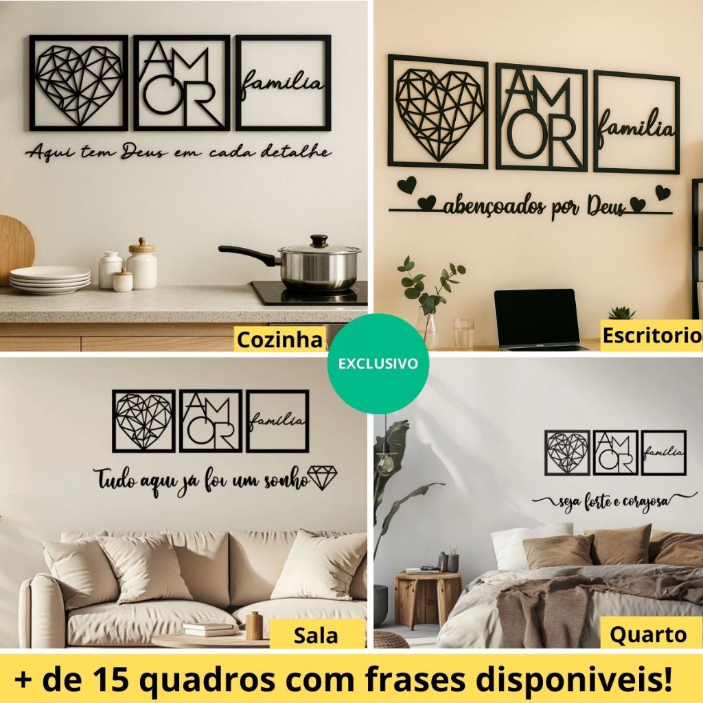 Kit 3 Quadros Cabeceira Familia Coração Geométrico Amor + Frase de Parede Variados Sala