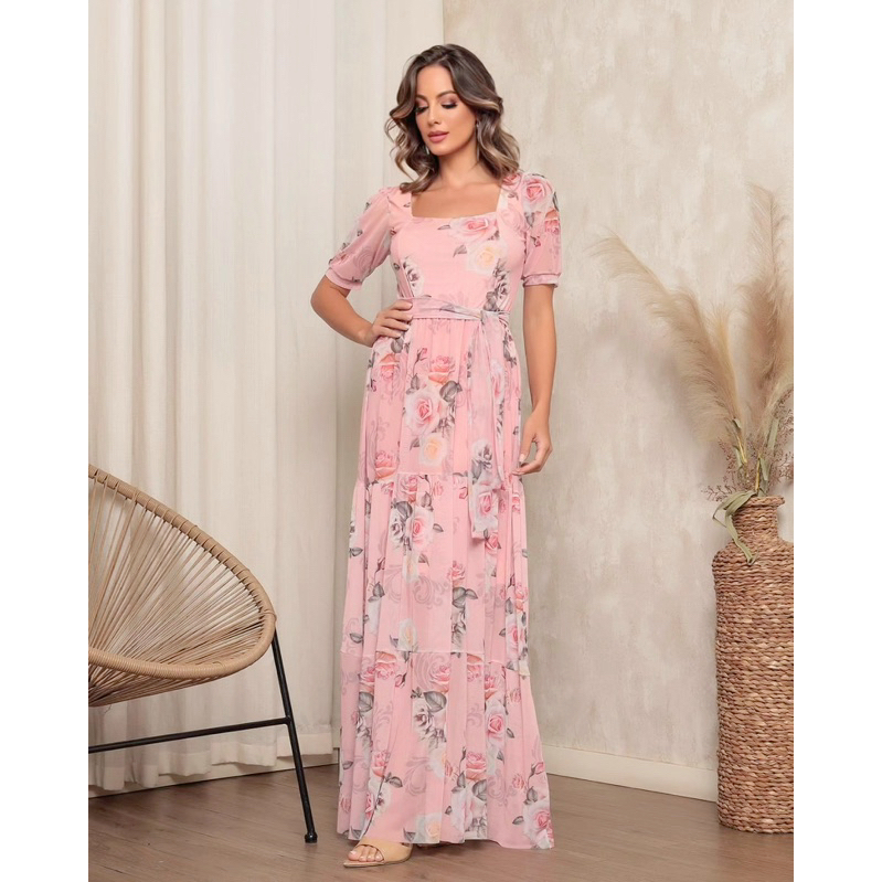 VESTIDO LONGO DE TULE GOLA QUADRADO