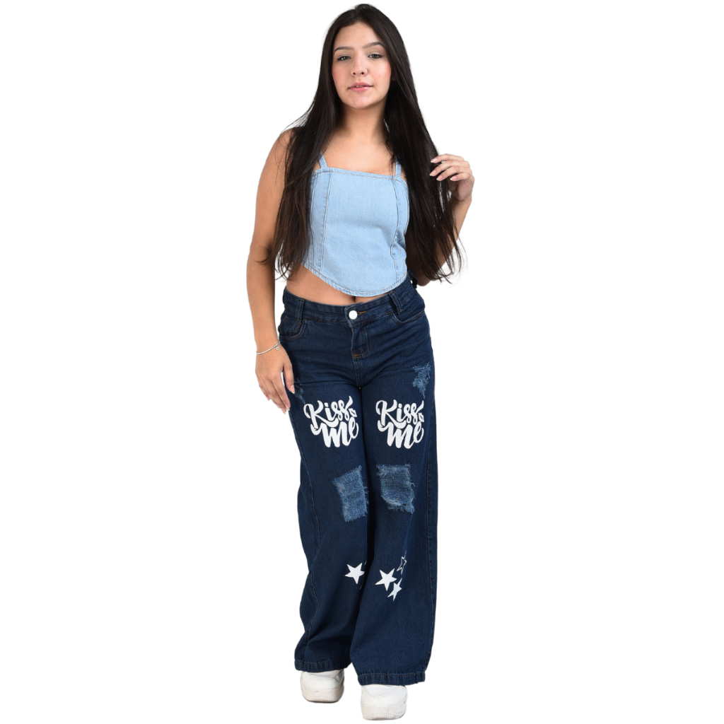 Calça Pantalona Jeans Menina Juvenil Wide Leg Cintura Alta com Bolsos Estilo Tumblr