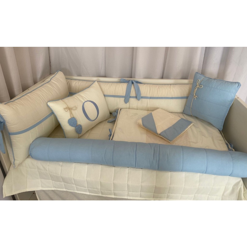 Kit Berço Americano Menino bita palha com azul bb 11 Peças Algodão