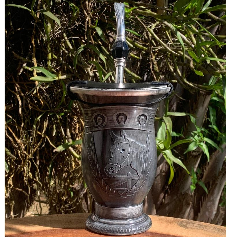 Kit Chimarrão: Cuia Porongo Cavalo Bocal Inox + Bomba Inox Sem Rosca