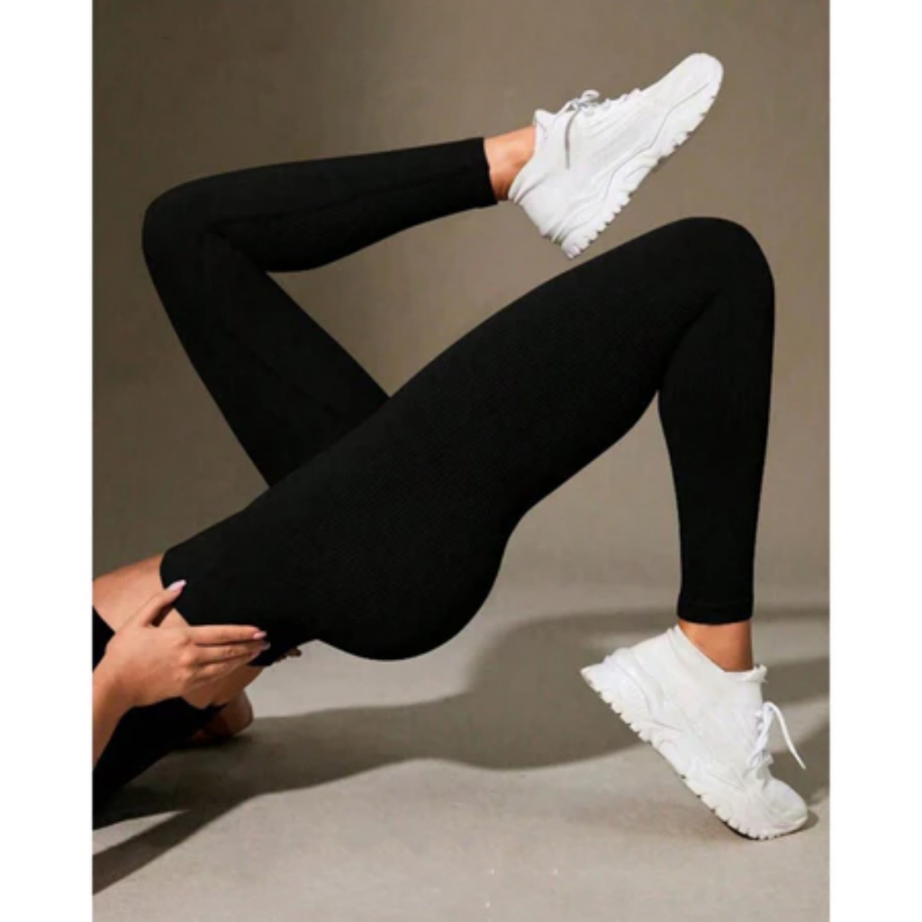 Calça Legging Canelada de Cintura Alta Sem Costura para Academia Feminina, Elástica, Esportiva e Fitness