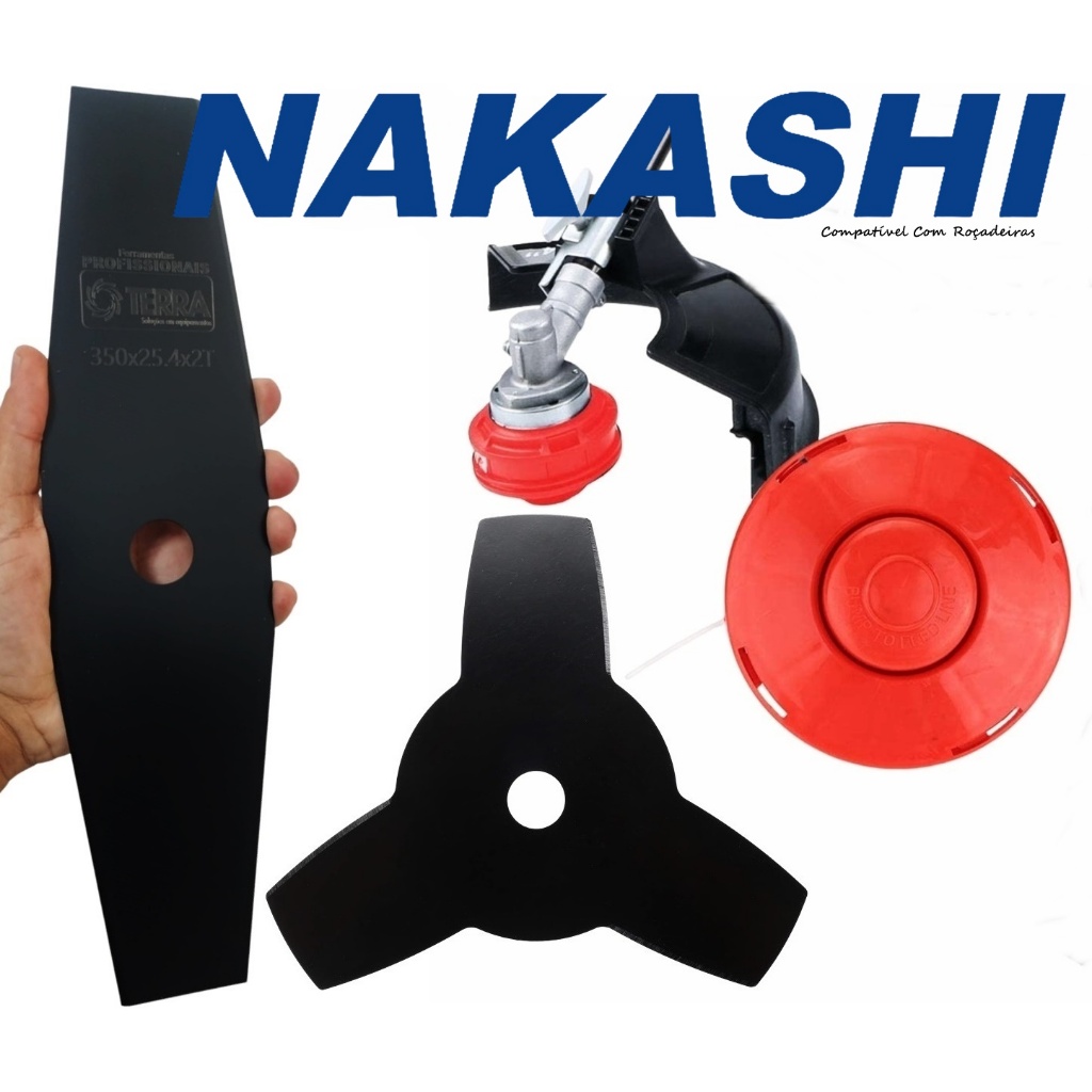 Kit Lâmina faca 350mm + Disco 3 Pontas + Carretel De Nylon Para Roçadeira Nakashi L450k L431 L530
