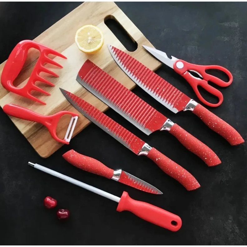 Imagem Kit Facas Profissional Cozinha Inox 8 Peças com Chaira Tesoura Descascador Churrasco