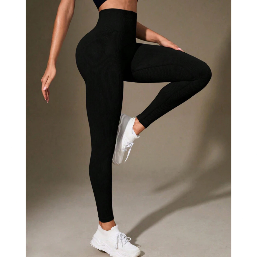 Calça Legging Canelada de Cintura Alta Sem Costura para Academia Feminina, Elástica, Esportiva e Fitness - P M e G