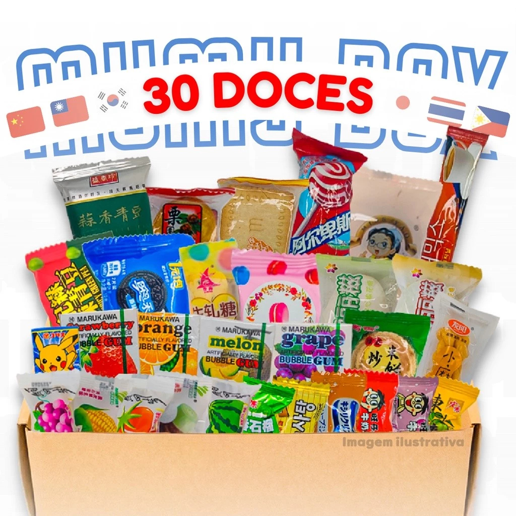 Caixa com 30 doces e biscoito importados do japão, china, coreia e toda a asia - Famosos em animes dorama e mangás