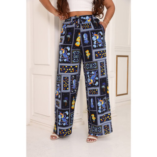 calça pantalona estampada cintura alta com bolso tecido crepinho bem confortavel