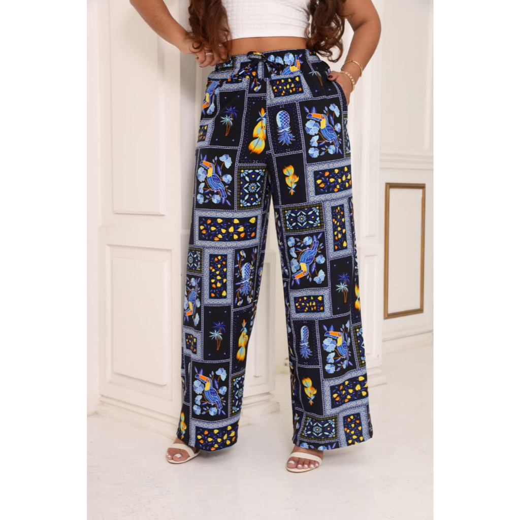 calça pantalona estampada cintura alta com bolso e elastico na cintura tecido crepinho elegante em Oferta na Shopee