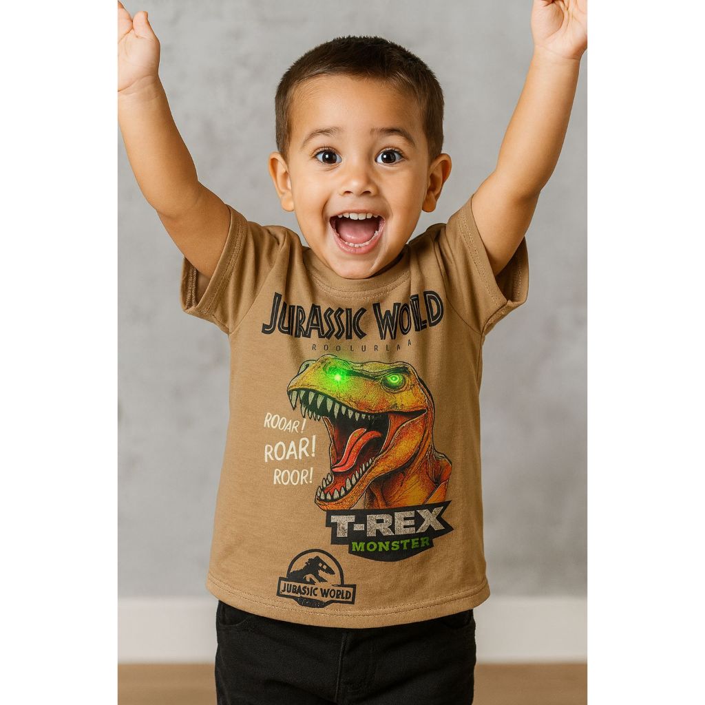 Camiseta LED Jurassic World Pisca Prova d´água Dinossauro Infantil