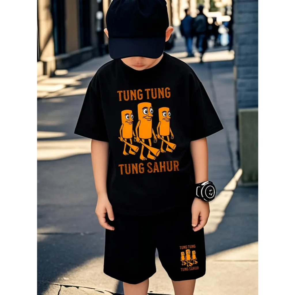 Conjunto Infantil Short Moletom+Camiseta Estampa Tung Tung Sahur Algodão 100%